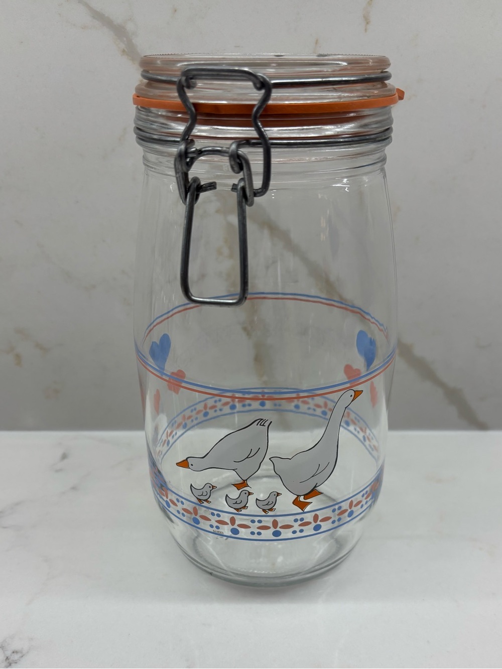 Vintage Arc France Hearts ‘N Geese Wire Latch Glass Canister Jar